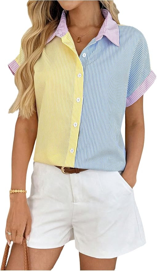 WDIRARA Women's Button Down Striped Blouse Color Block Short Sleeve Shirt Tops | Amazon (US)