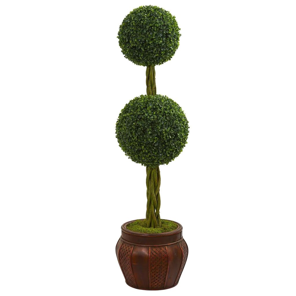 4.5’ Boxwood Double Topiary Artificial Tree in Decorative Planter | Nearly Natural