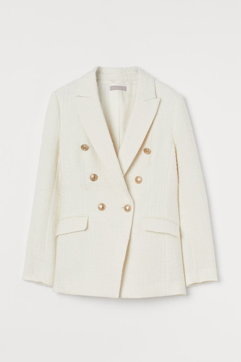 Double-breasted jacket in woven, textured bouclé with wool content. Collar, pointed lapels, deco... | H&M (US + CA)