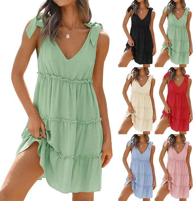 Womens Dresses 2024 Sleeveless Tie Shoulder Tiered Frill Swing Dress Ruffle A Line Swing Mini Dre... | Amazon (US)