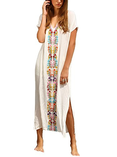 Milumia Women's Bohemian Floral Embroidery Split Maxi Dress Cover Ups White S | Amazon (US)