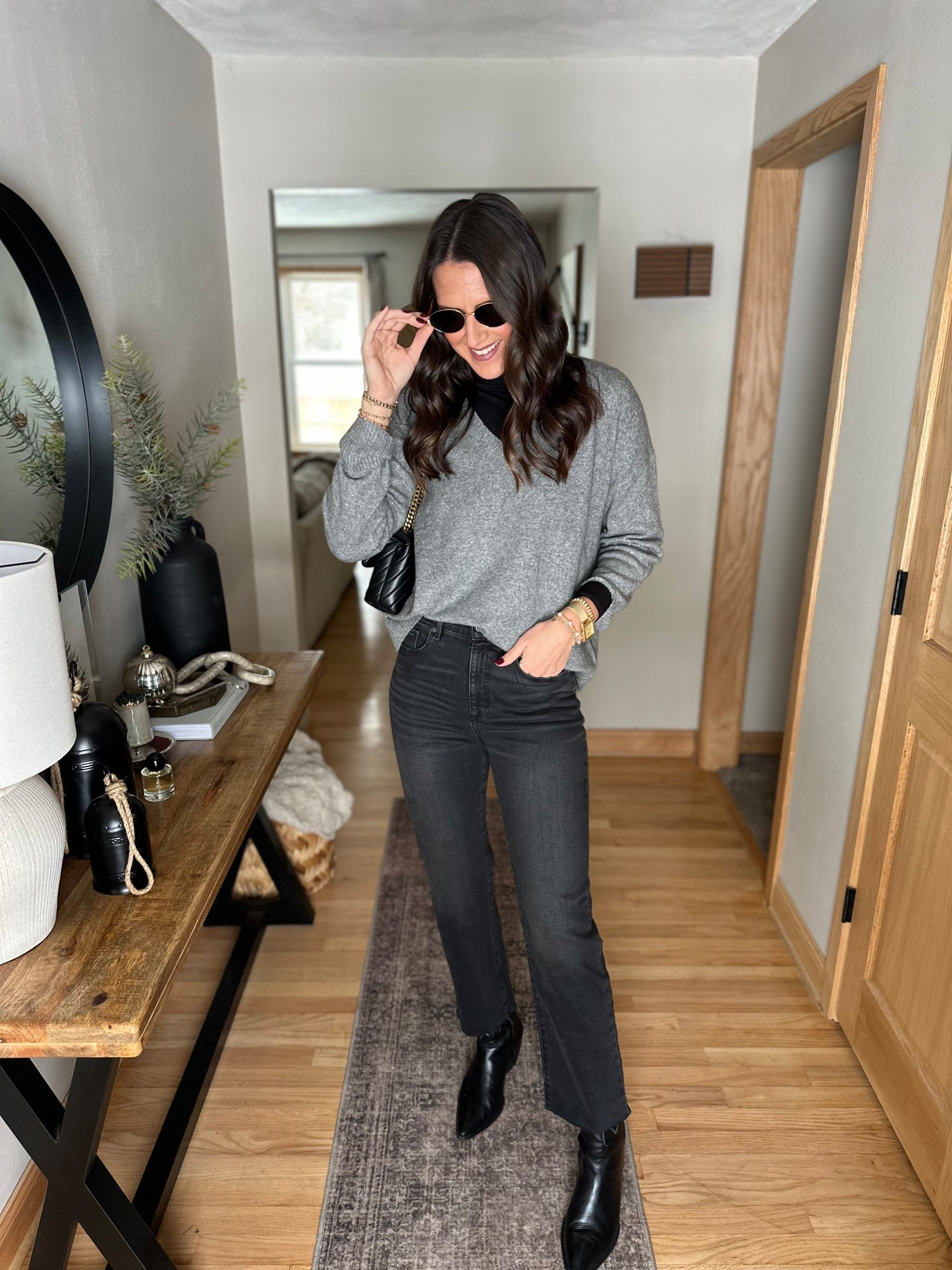 Classy winter outfit

Jeans - size 26
Sweater - small (runs big) 
Turtleneck - small 