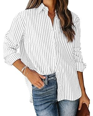 Paintcolors Women's Cotton Pocketed Button Up Shirts Long Billowy Sleeves Blouse V Neck High Low ... | Amazon (US)