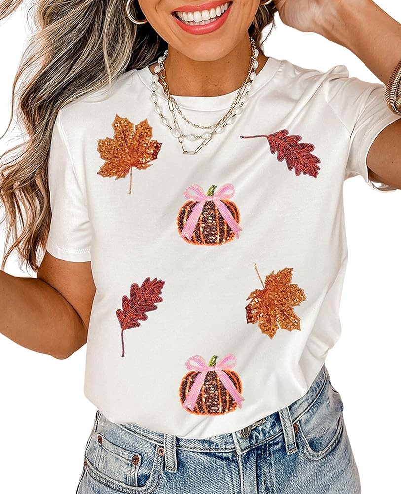 SELINK Womens Summer Short Sleeve Tops Halloween Sequin Pumpkin Printed T Shirts Casual Basic Gra... | Amazon (US)