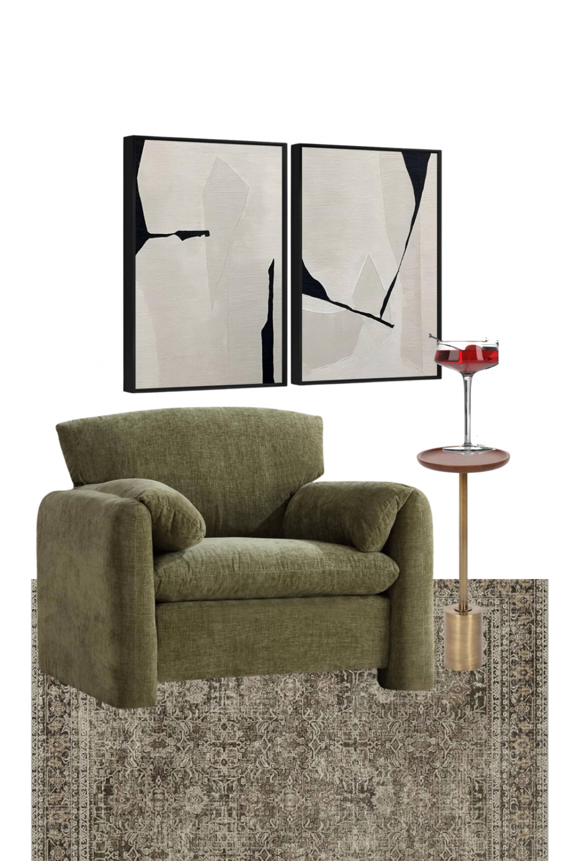 Moody accent chair, reading corner, green accent chair, abstract art, moody interiors 
