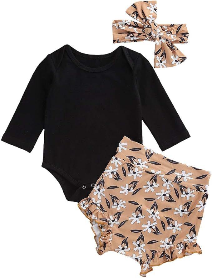 Newborn Infant Baby Girl Clothes Set Long Sleeve Romper Jumpsuit Floral Ruffle Shorts Headband Pl... | Amazon (US)