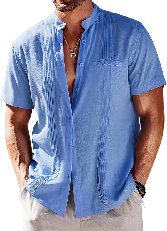 COOFANDY Men's Cuban Guayabera Shirts Linen Casual Short Sleeve Button Down Shirt Band Collar Sum... | Amazon (US)