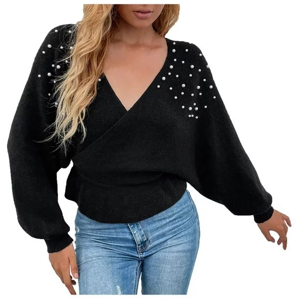 Sweaters for Women V Neck Pearl Solid Color Knitted Pullover Blouse Ladies Cozy Casual Loose Jump... | Walmart (US)