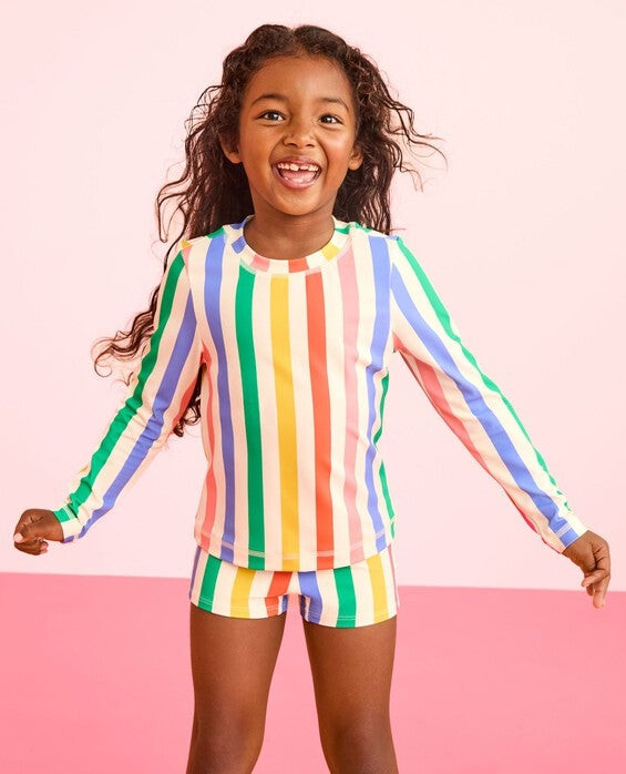 Girls' Ecru Multi Stripe Rash Guard Top & Shorts Set - Size Big Kids 8 by Hanna Andersson | Hanna Andersson
