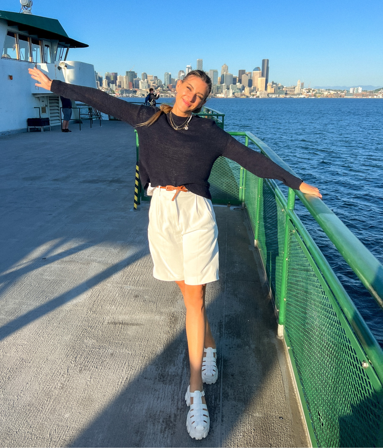 Little nautical outfit for spring! Actually LOVE the sweater + shorts vibe. And these platform fisherman sandals?? So cute AND actually comfortable! 

Shoes: Steve Madden - TTS
Sweater: Banana Republic Factory. I sized down for less oversized fit. I wear this sweater all the time! Great texture and lightweight enough for spring or throwing on for summer nights. 
Shorts: older H&M and can’t find the exact. Tagged some similar! 

#LTKstyletip #LTKshoecrush #LTKfit