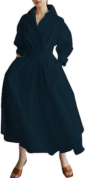 Women Maxi Shirt Dress Long Sleeve Button Smocked Waist Long Dress Loose Swing Party Dress with P... | Amazon (UK)