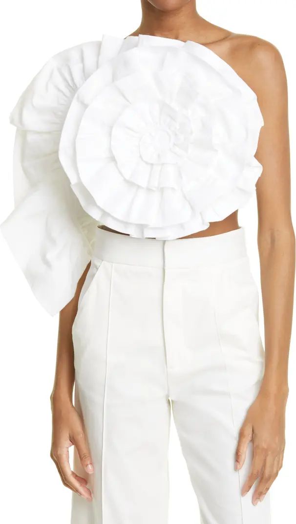 Minerva Flower Appliqué One-Shoulder Linen & Organic Cotton Top | Nordstrom