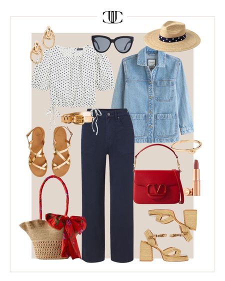 One item five ways! 

Denim shirt, denim blouse, Polk-a-dot blouse, sandals, block heel, sun hat, sunglasses, belt, summer outfit, spring outfit, summer look, casual 