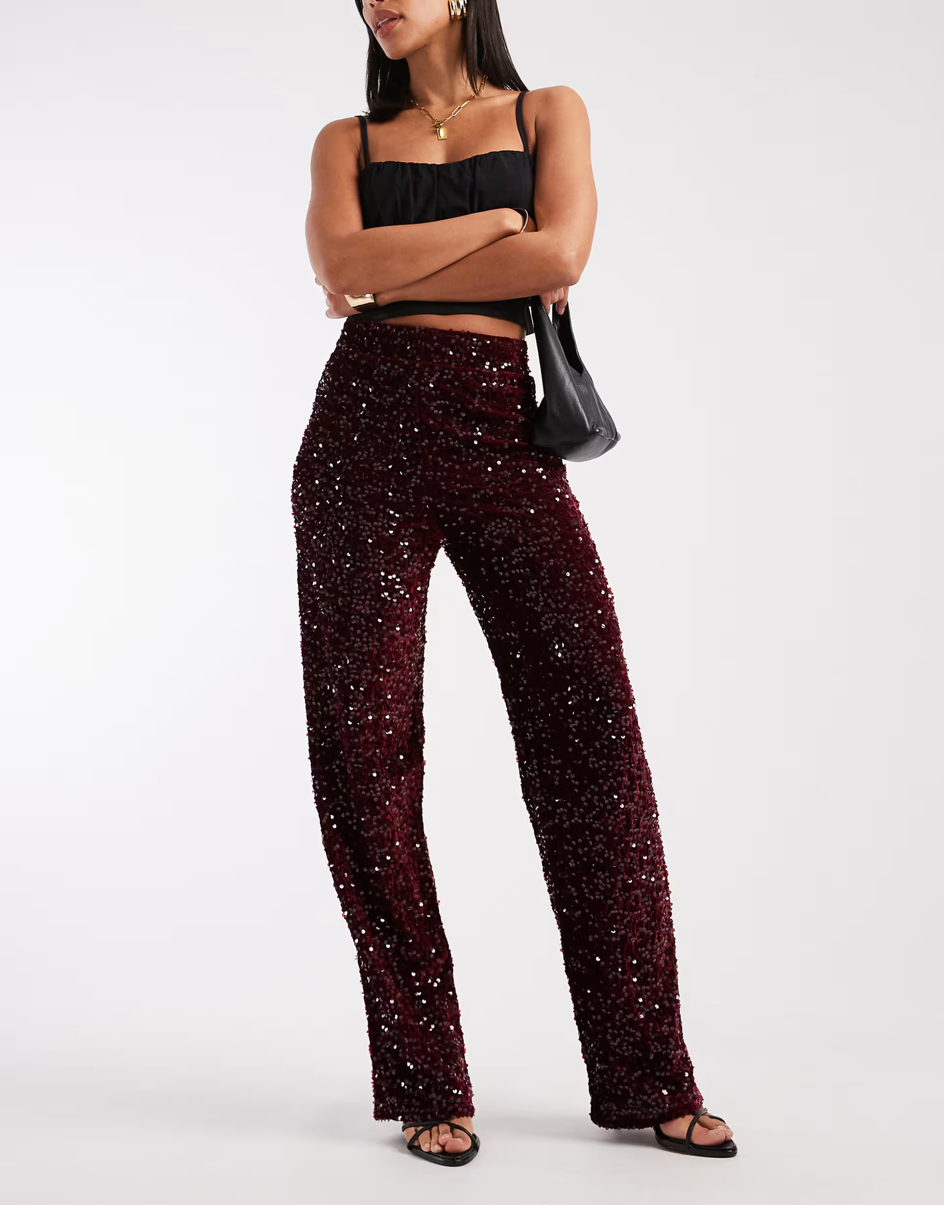 Pieces wide leg velour sequin trousers in burgundy | ASOS | ASOS (Global)