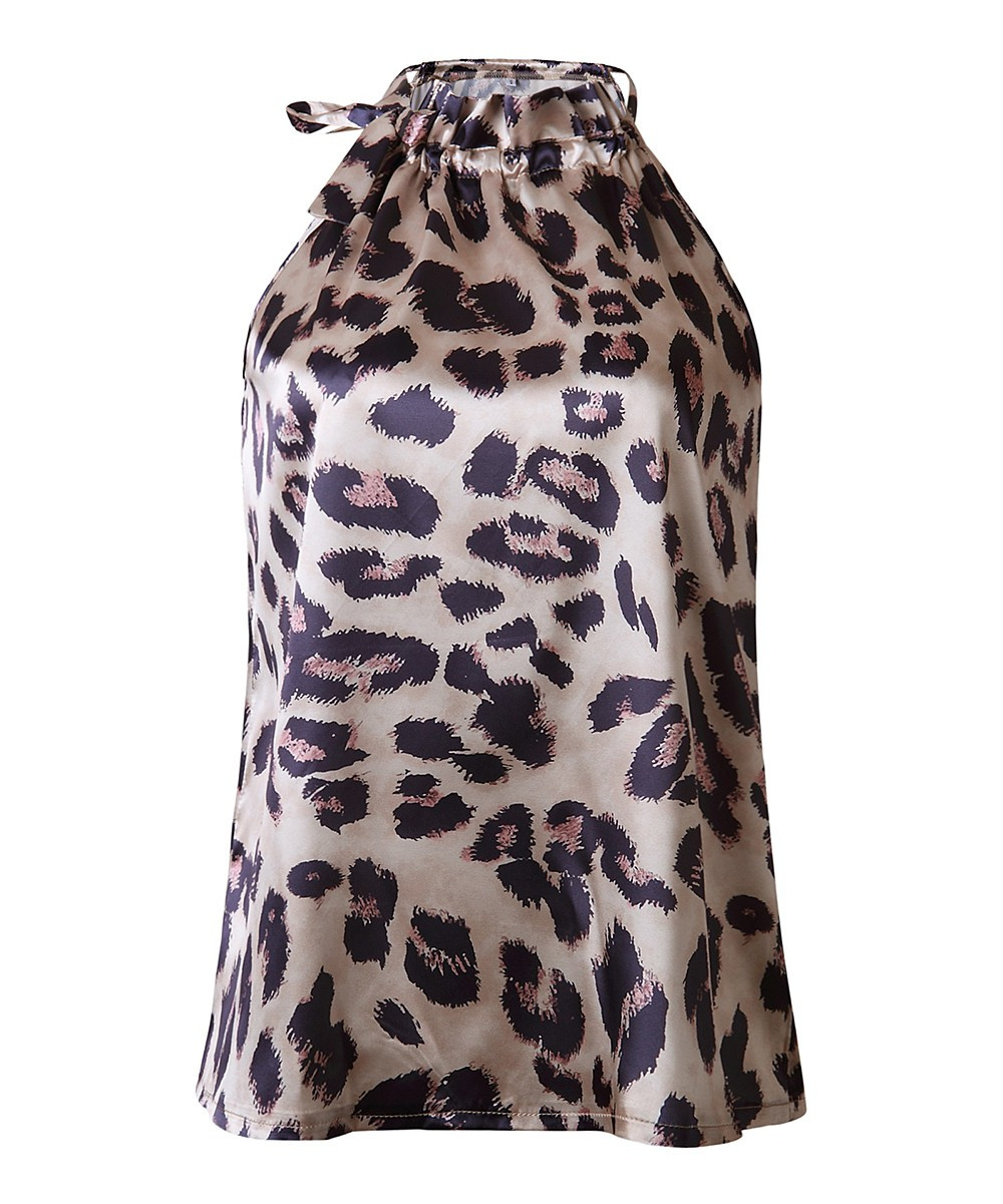 Yokodea Women's Halter Tops Leopard - Brown Leopard Ruche-Neck Halter Top - Women | Zulily