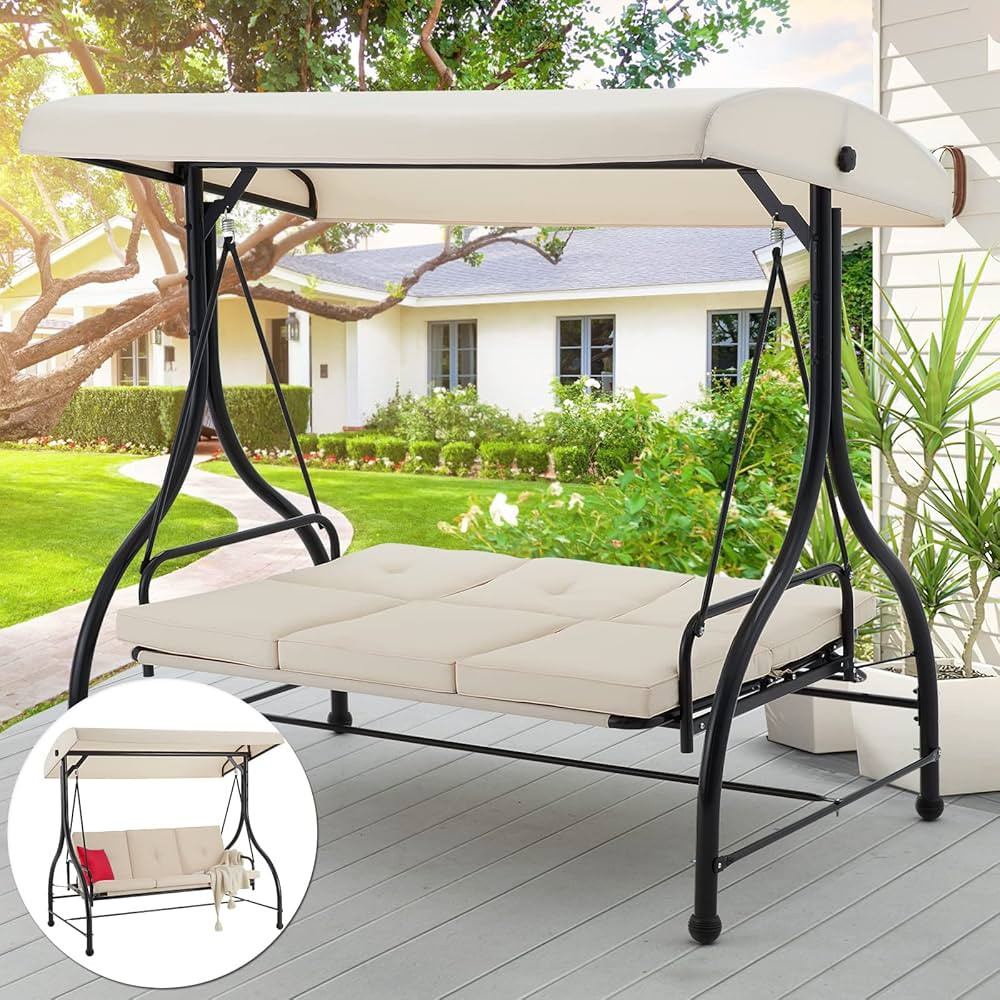 AECOJOY 3-Seat Outdoor Patio Swing Chair, Converting Swing Glider Canopy Hammock w/Adjustable Bac... | Amazon (US)