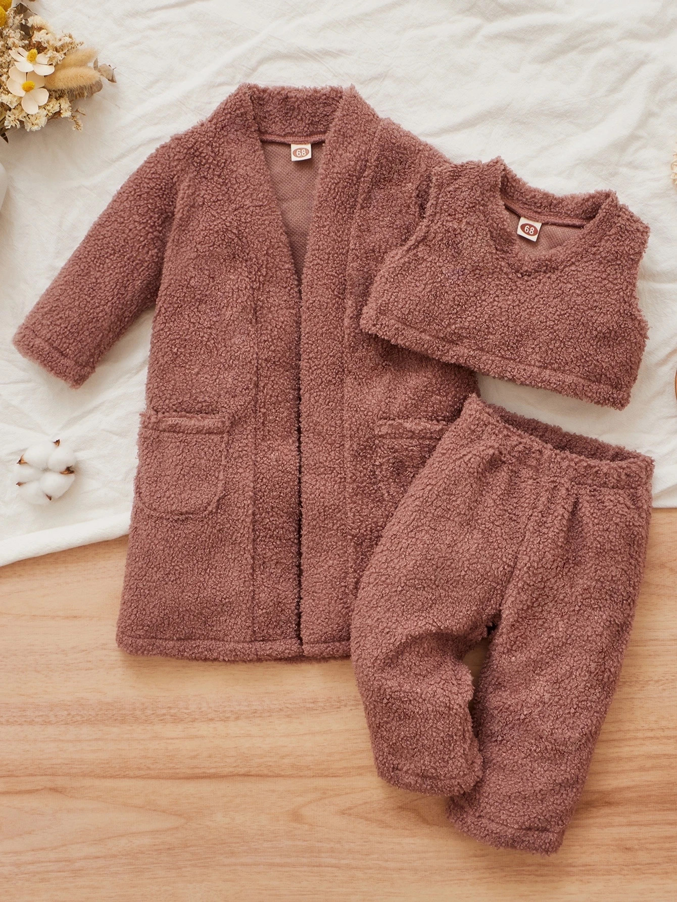 Baby Teddy Tank Top & Pants & Coat | SHEIN
