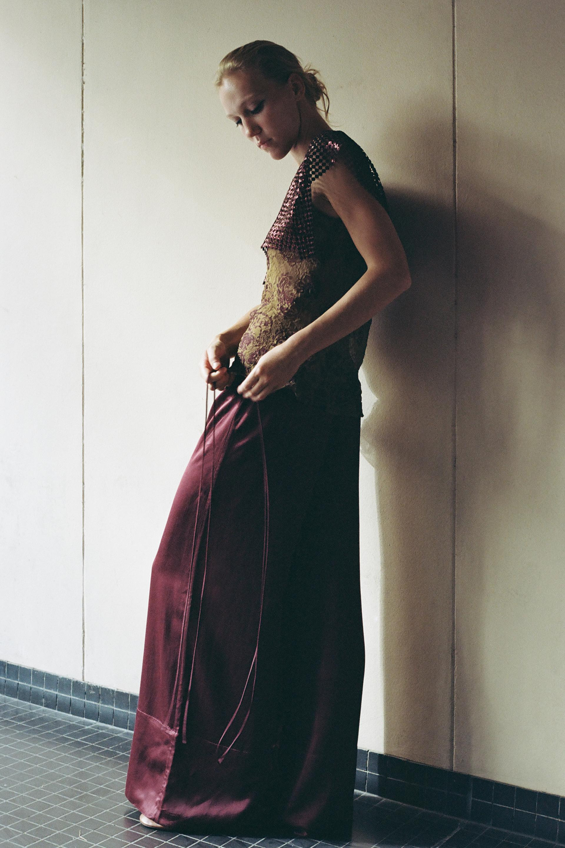 Zara - Double-Waistband Wide-Leg Pants - Wine - S - Woman | Zara US