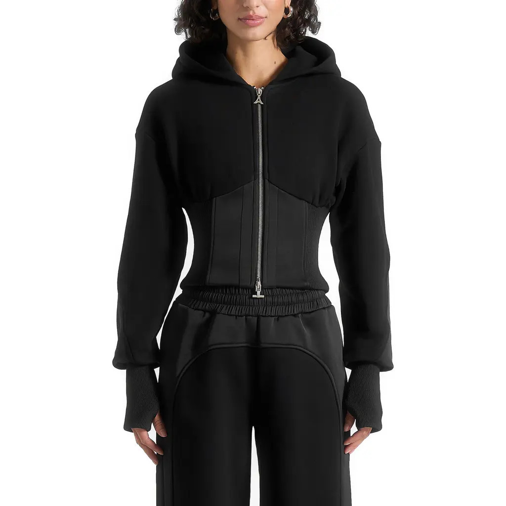 Manière De Voir Brune Corset Jersey And Satin Zip Hoodie in Black at Nordstrom, Size 0 | Nordstrom