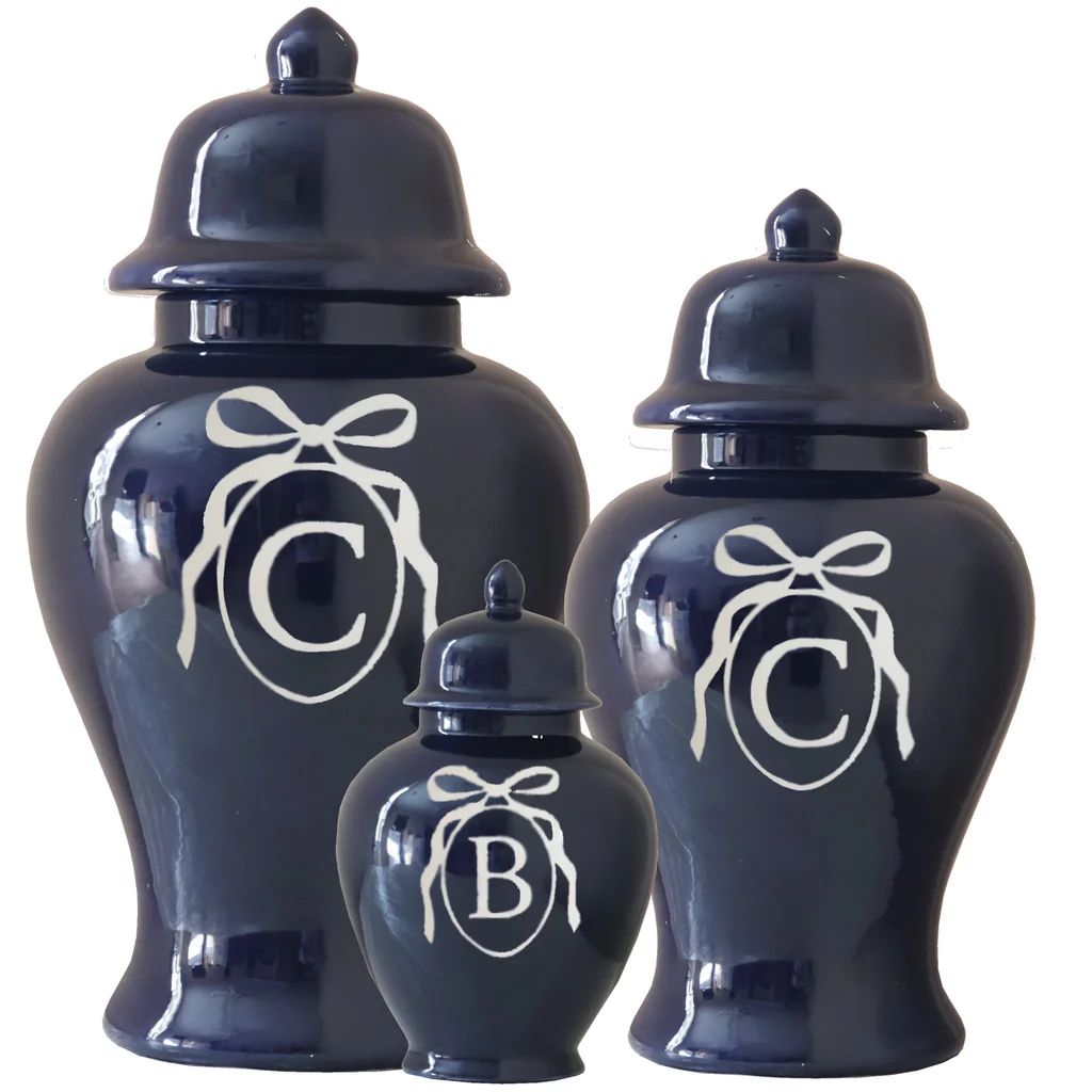 Monogrammed Bow Ginger Jars in Navy Blue for Lo Home x Veronika's Blushing | Lo Home by Lauren Haskell Designs