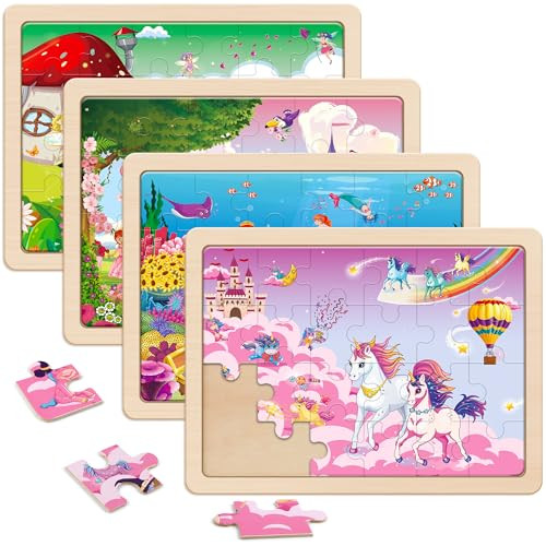 SYNARRY Large Unicorn Mermaid Princess Fairy Wooden Kids Puzzles 4 in 1 Gift Box(12.2*9.4 in) - FSC Certified, Puzzles for Toddlers 2-4, Puzzles for Kids Ages 4-6, Toys Gifts for 3 4 5 Year Old Girls | Amazon (US)