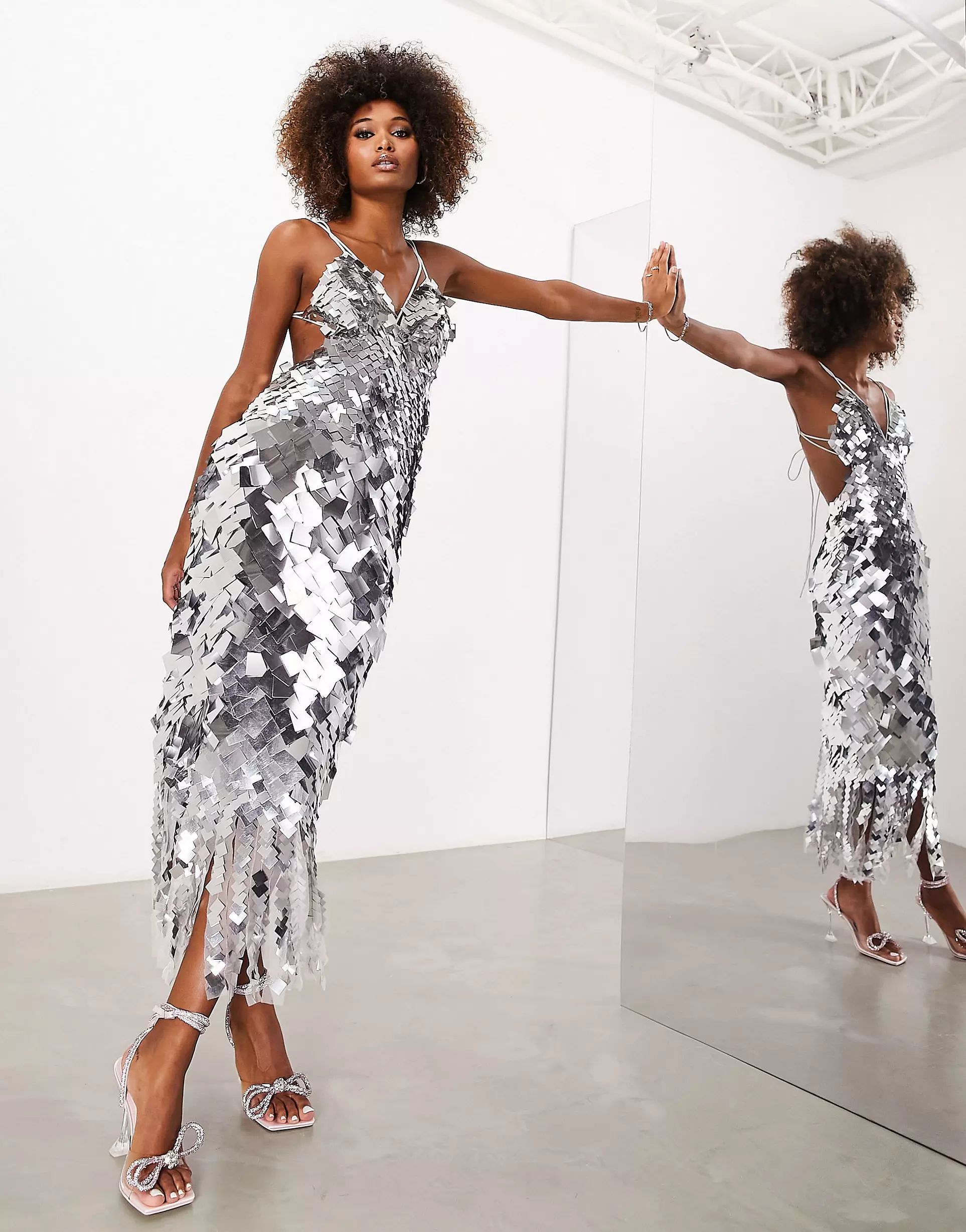 ASOS EDITION square paillette sequin midi dress in silver | ASOS (Global)