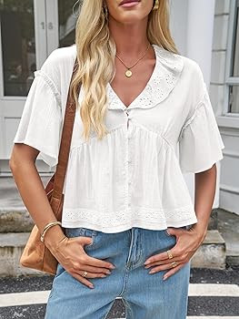 Cicy Bell Womens Cropped Babydoll Tops Summer Eyelet V Neck Short Sleeve Cute Blouses Ruffle Shir... | Amazon (US)