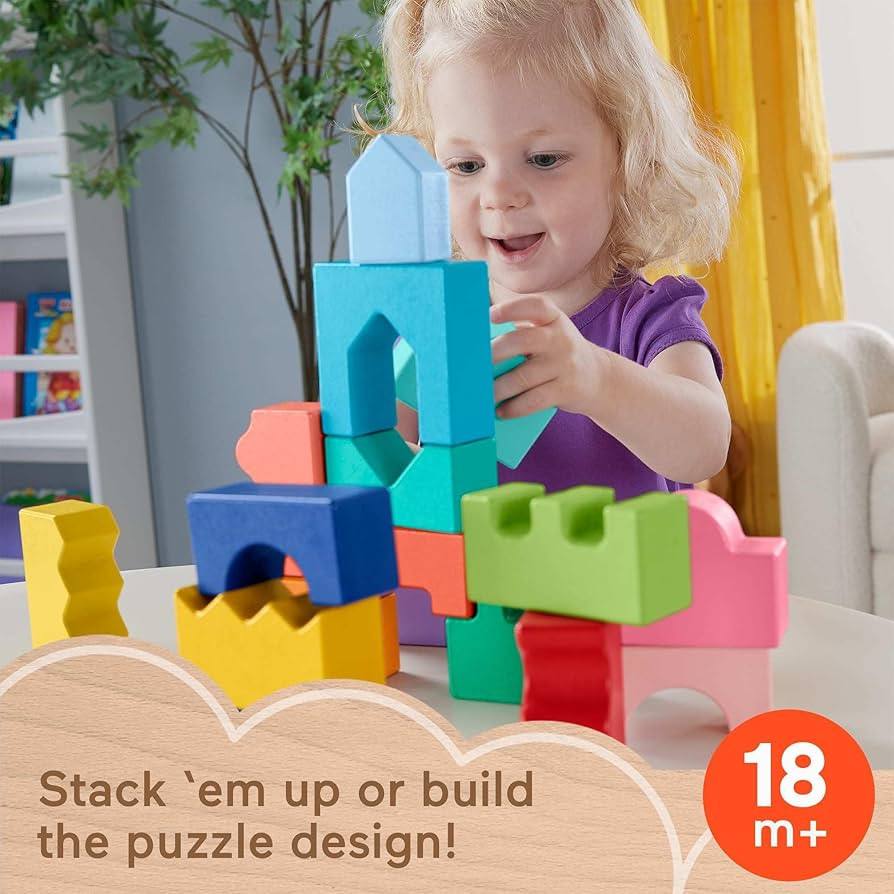 Fisher-Price Wood Toddler Toy Interlocking Blocks Stacking Jigsaw Puzzle with 20 Wooden Pieces fo... | Amazon (US)