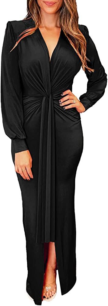 PRETTYGARDEN Women's Long Sleeve Maxi Bodycon Dresses V Neck Twist Front Ruched Cocktail Evening ... | Amazon (US)