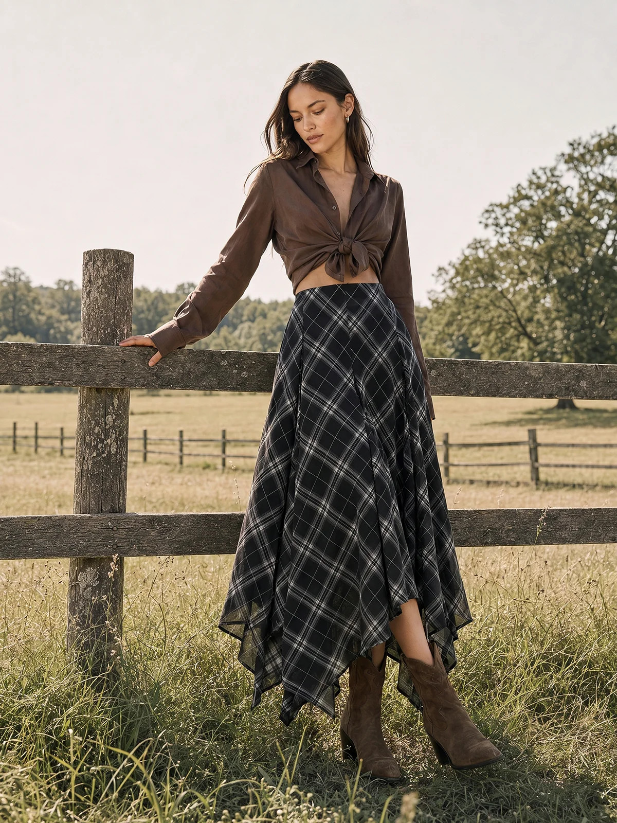 Plaid Asymmetrical Chiffon Midi Skirt | Commense