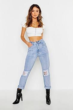 Mid Rise Light Blue Open Knee Boyfriend Jeans | Boohoo.com (US & CA)