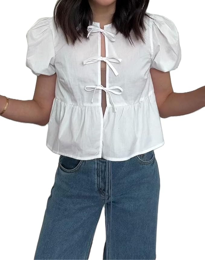 Tie Front Tops for Women Y2k Short Puff Sleeve Blouse Ruffle Hem Peplum Shirt Reversible Babydoll... | Amazon (US)