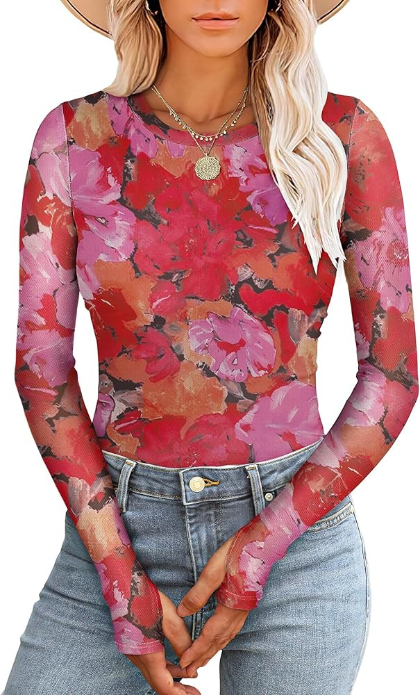 Prinbara Womens Mesh Long Sleeve Going Out Tops with Thumb Holes 2025 Fall Fashion Double Lined F... | Amazon (US)