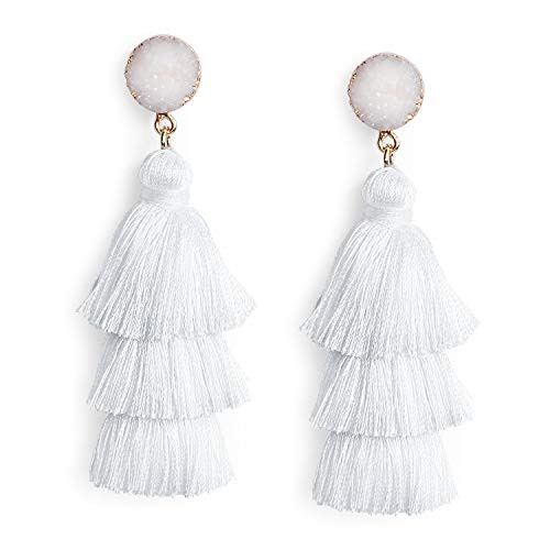 White Tassel Earrings for Women Dangling Boho Summer Beach Earring Big White Fringe Dangle Drop Earrings Handmade Tiered Tassel Earring Women Summer Beach Jewelry Gift for Vacation | Amazon (US)