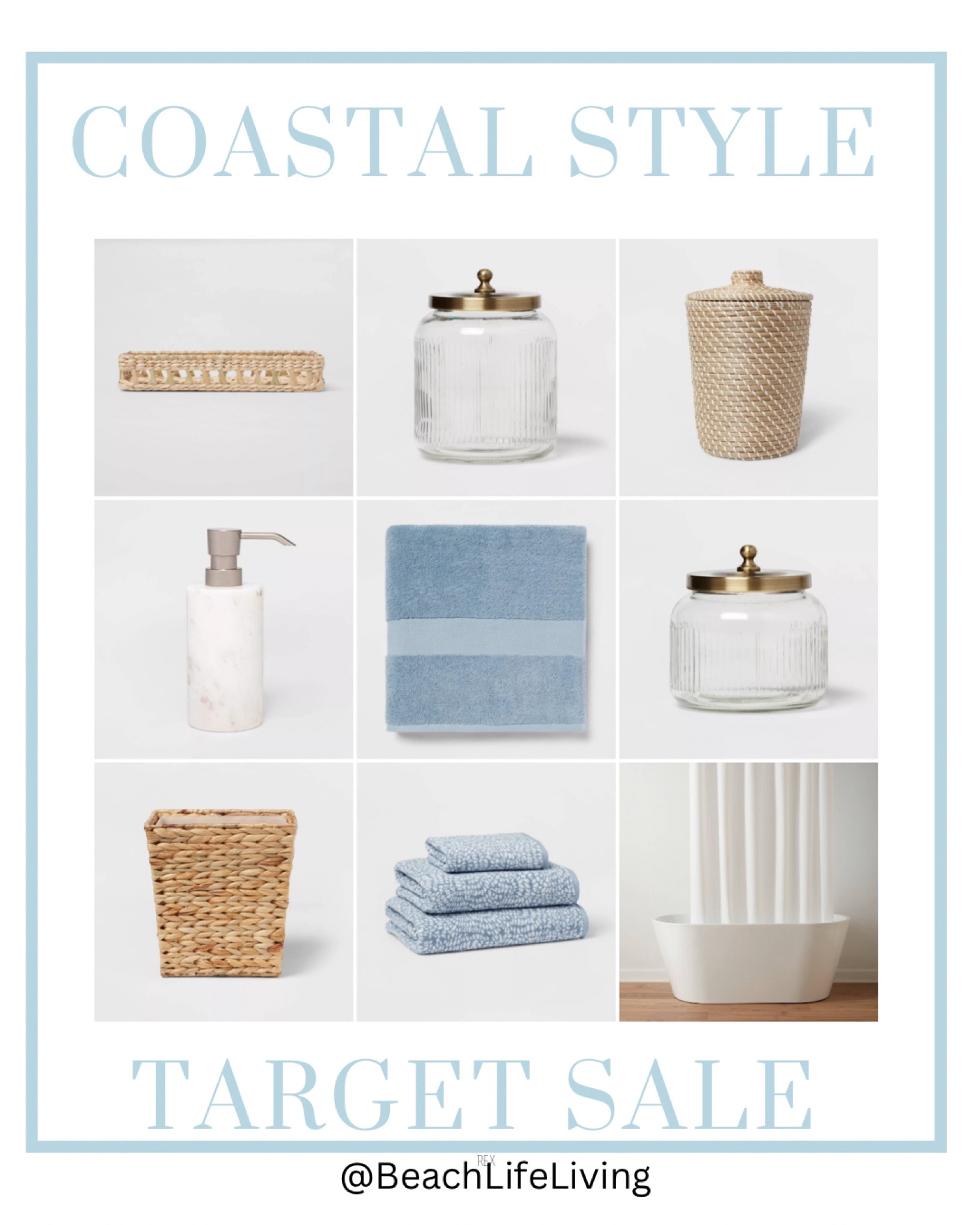 Coastal Style Bathroom Sale at Target 
Sale Sale Sale 
Blue Bath Towels , Rattan Wastebasket 
Shower Curtains 

#LTKBacktoSchool #LTKSaleAlert #LTKHome