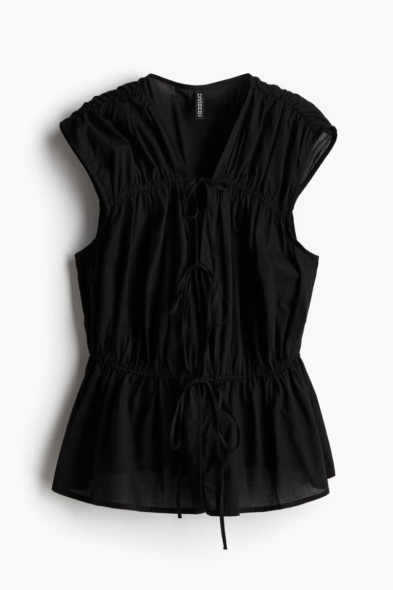 Tie-detail Cotton Blouse - V-neck - Sleeveless - Black - Ladies | H&M US | H&M (US + CA)