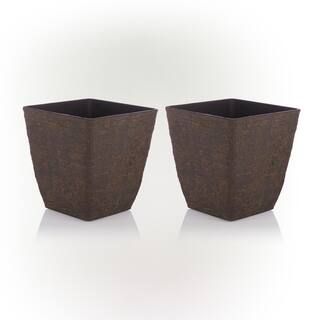 Medium Brown Indoor/Outdoor Stone-Look Resin Squared Planter (Set of 2) | The Home Depot