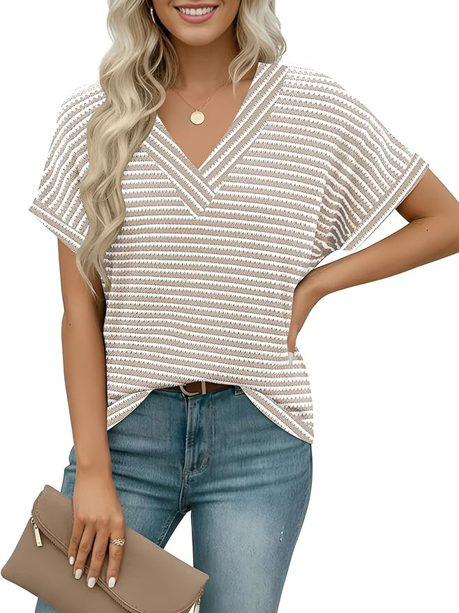 GUNEST Womens Short Sleeve Shirts Casual Trendy Waffle V Neck Basic T Shirt Tunic Tops | Amazon (US)