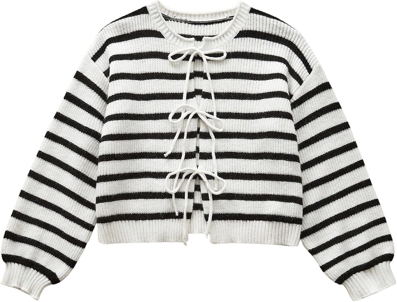 WDIRARA Women's Striped Tie Front Cardigan Long Sleeve Crewneck Drop Shoulder Knit Sweaters | Amazon (US)