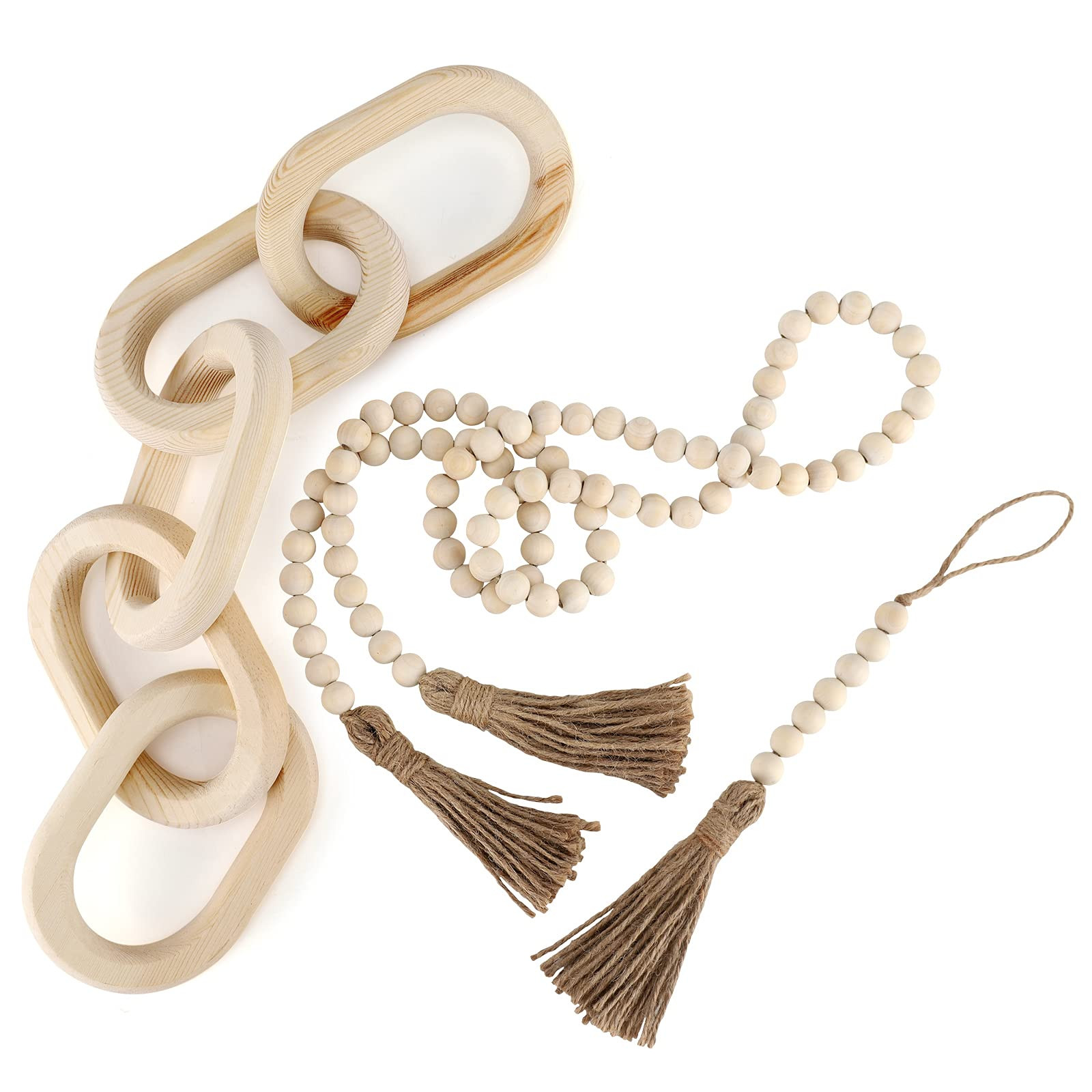 Decorative Wood Chain Link and Bead Garlands Set, 22in Hand Carved Natural Pine Wood Chain of 5 Link | Amazon (US)