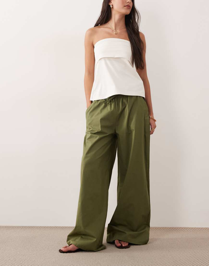 ASOS DESIGN pull-on drawstring waist wide leg pants in olive-Green | ASOS (Global)