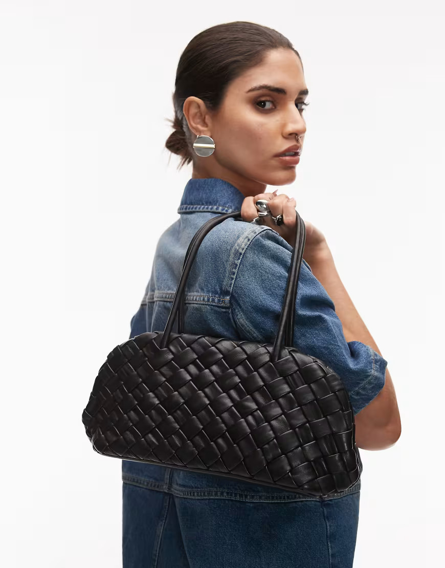 Mango woven leather east to west shoulder bag in black | ASOS (Global)