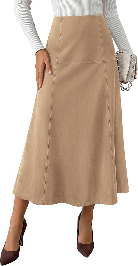 PRETTYGARDEN Womens High Waist Faux Suede A Line Midi Skirt | Hidden Stretch Elastic Waist, Front... | Amazon (US)