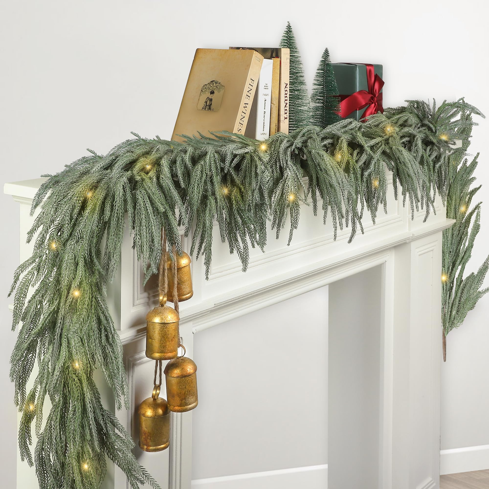 Fovths 1 Pack 6 Feet Christmas Norfolk Garlands Set Artificial Faux Greenery Garland 4 Cow Bell w... | Amazon (US)