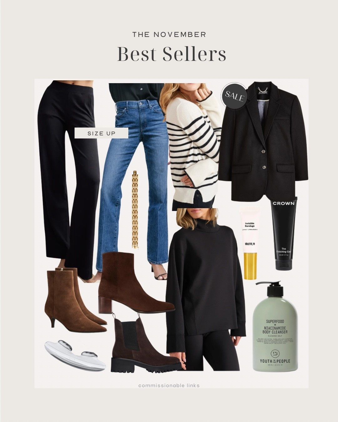 The November bestsellers!
90s jeans (size up!)
Knit pants (size up!)
Suede boots
Booties
Rhône top
Body wash
Acne treatment 
Hair gel
Ziip microcurrent device 

#LTKGiftGuide #LTKSeasonal #LTKHoliday