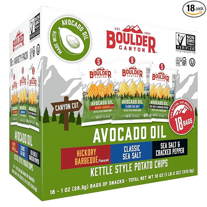 Boulder Canyon Avocado Oil Kettle Style Potato Chips Variety Pack, 18 Count - Gluten-Free, Non-GM... | Amazon (US)