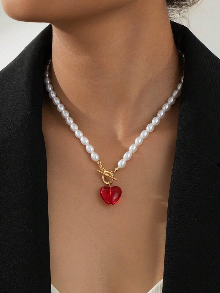 1pc Elegant Fashionable Red Heart Shape Layered Faux Pearl Crafted Necklace, Luxury Boutique Desi... | SHEIN