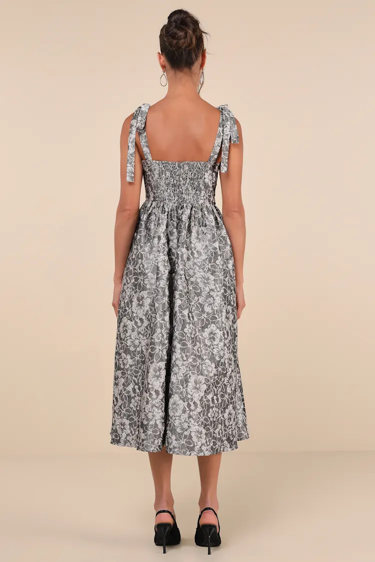 Successfully Chic Grey Jacquard Pleated Tie-Strap Midi Dress | Lulus