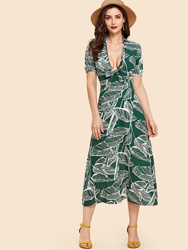 Palm Print Tie Neck Dress | SHEIN