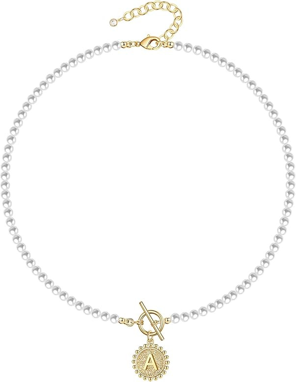 Initial Choker Pearl Necklace for Women, 14K Gold Plated Handmade 4MM Simulated Shell Pearl Neckl... | Amazon (US)
